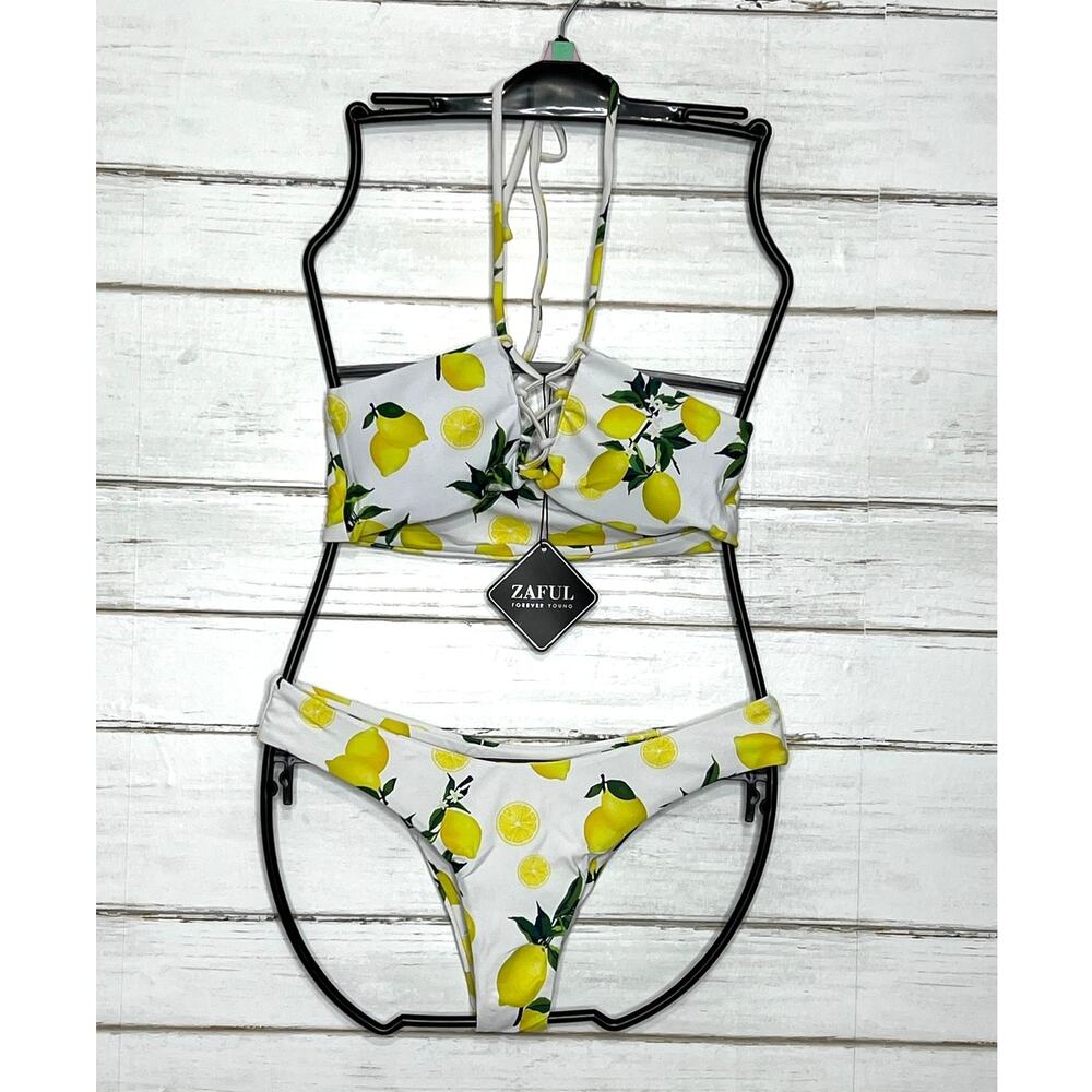 Zaful Lemon Print Bikini Set Size Small White Yellow Lace Up Bandeau Swim